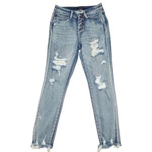 Judy Blue Jeans 7 28 Light‎ Wash Button Fly Skinny Fit Splatter Distress JB82311